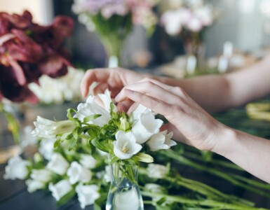 Making bouquet in flower shop